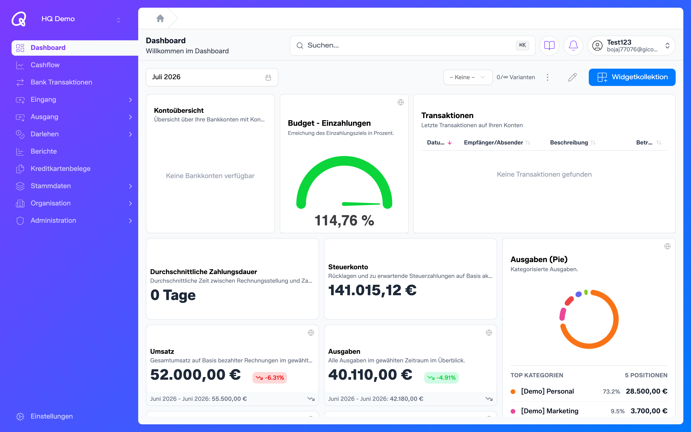Das zentrale qFinix-Dashboard mit Umsatz, Ausgaben, Steuerkonto und Ausgaben-Chart