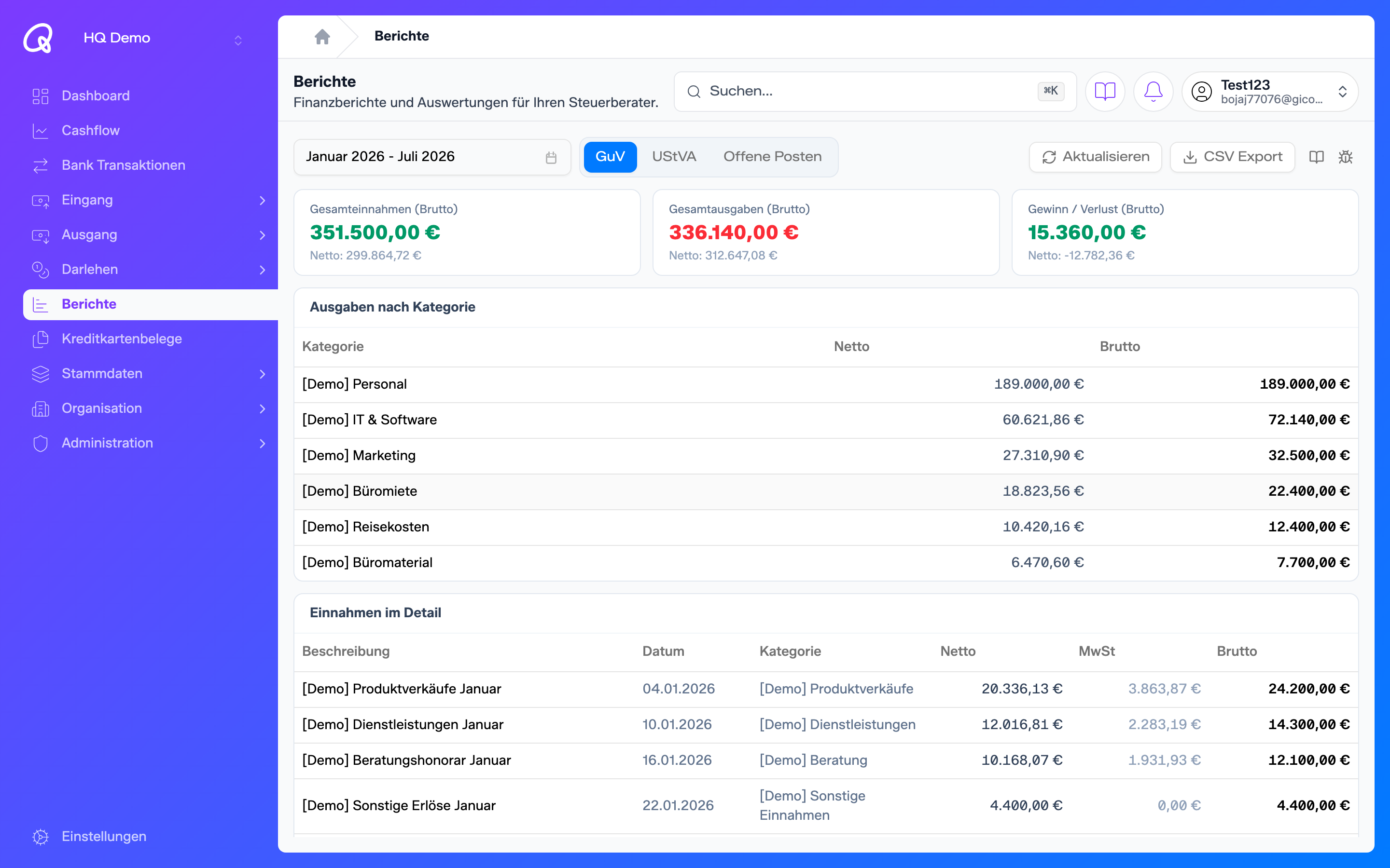 Dashboard mit Einnahmen und Ausgaben aus HelloHQ
